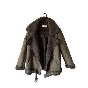 JOA Women's Biker Jacket Faux‎ Fur Moto Short Belted Green Heavy Fleece Size XS